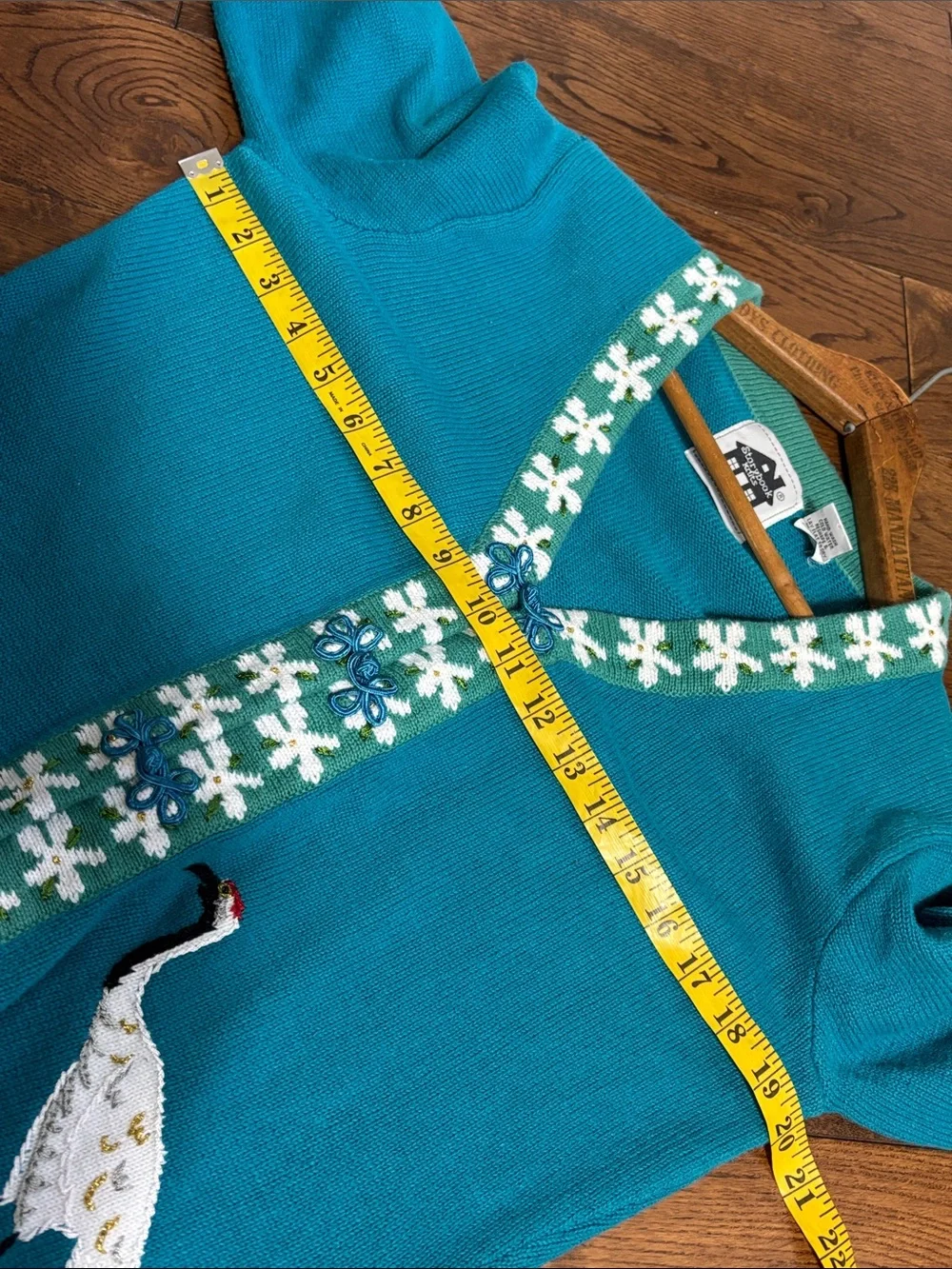 STORYBOOK Knit Teal Embroidered Crane V-Neck Cardigan with Floral Trim Size M
